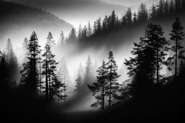 Mysterious forest silhouette tranquil scene black and white