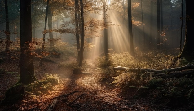 Mysterious forest spooky autumn tranquil wilderness dawn generated by AI