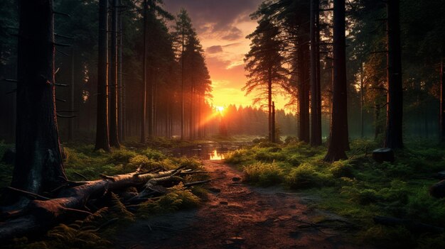 Mysterious Forest Sunset Background