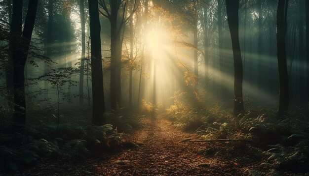 Mysterious forest tranquil scene back lit beauty generated by AI