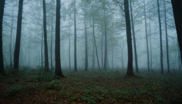 写真 月光の道の霧とハロウィーンの背景のヒントを持つ謎の森