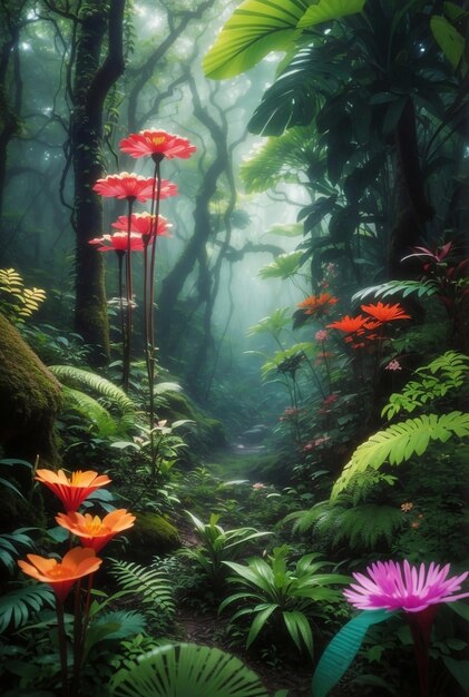 Foto una misteriosa foresta con fiori spaziali in fiore
