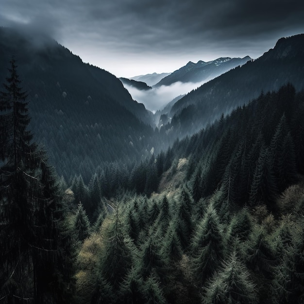 таинственный лес с туманом в драматических тонах