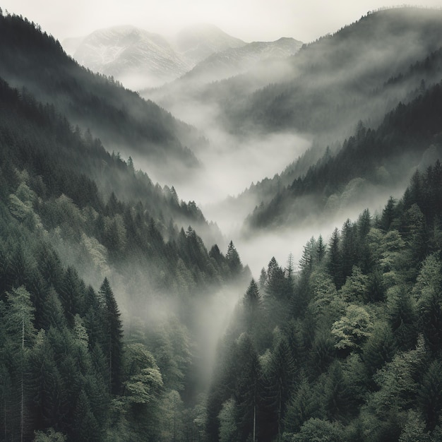 mysterious forest with fog in dramatic colors