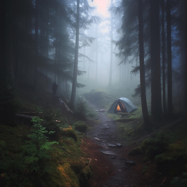 Mysterious forest with fog and a tent on the path Generative AI