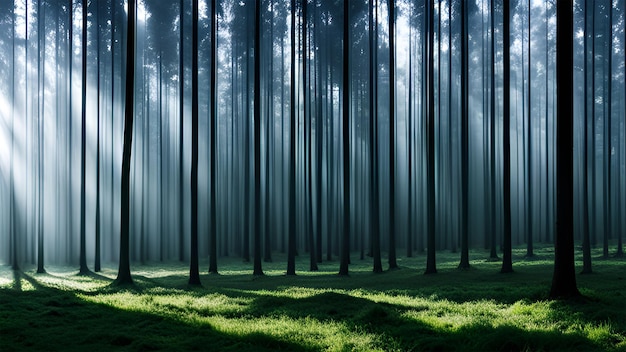 Mysterious forest with long thin trees