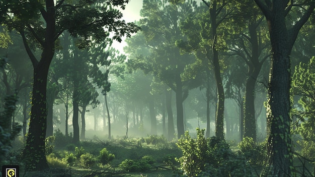 霧 と 密集 し た 木々 を 含む 謎 の 森