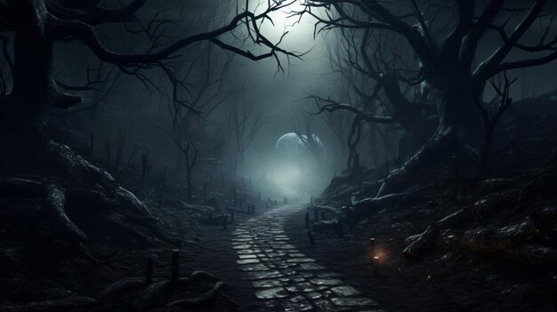 Mysterious forest with a moonlit path fog and a hall
