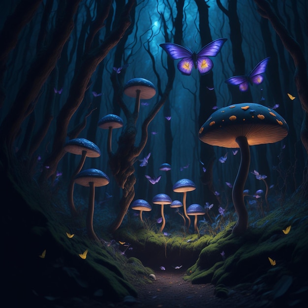 Mysterious forest with mushrooms and butterflies 3D illustration