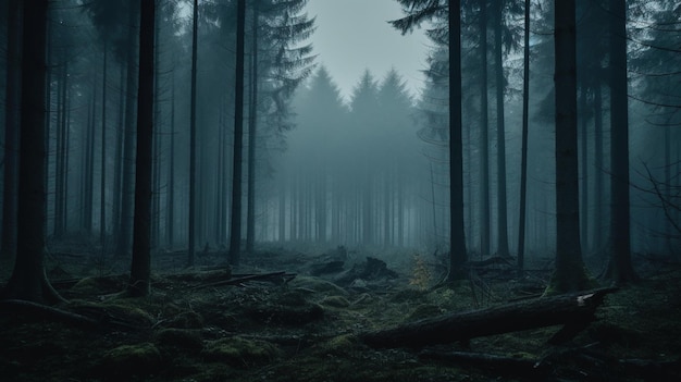 mysterious forest with a path and a mysterious tree in a dark foggy autumn forest Created with AI