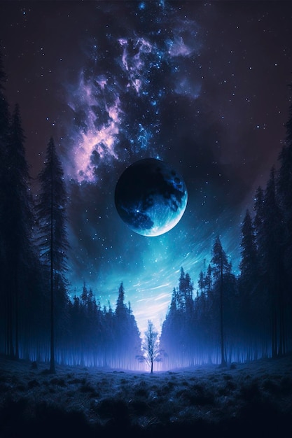 mysterious forest with starry sky