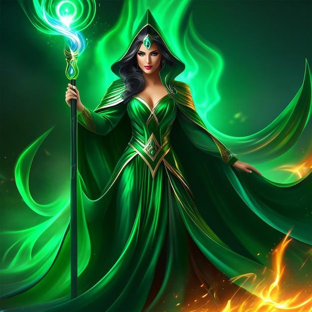 The mysterious girl emerald robed sorceress of power ai generated
