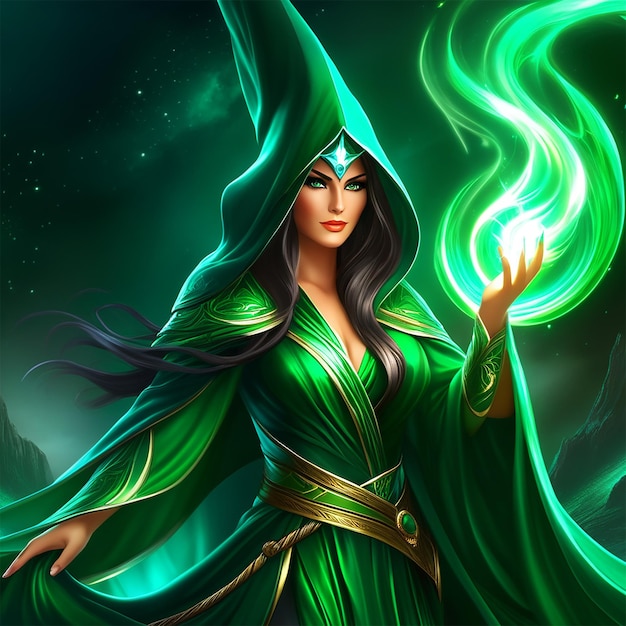 The mysterious girl emerald robed sorceress of power ai generated