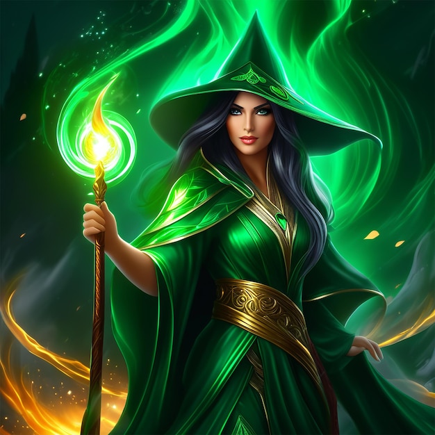 The mysterious girl emerald robed sorceress of power ai generated