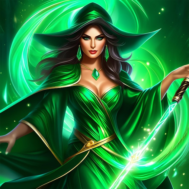 The mysterious girl emerald robed sorceress of power ai generated