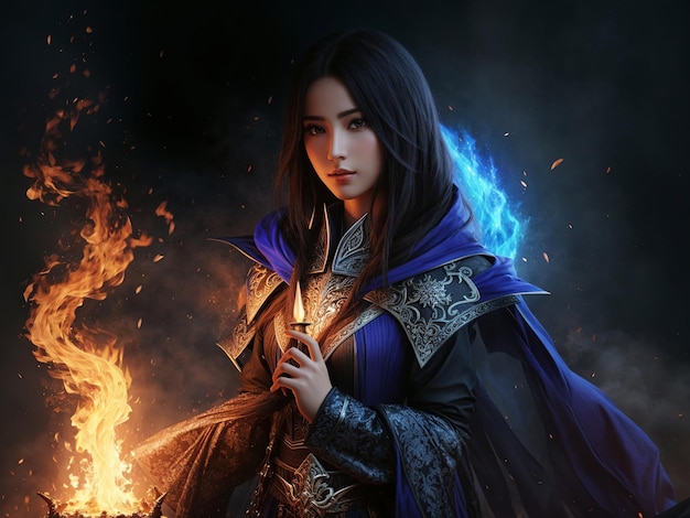 A mysterious girl holds a blue orb and a flaming sword amidst a dark