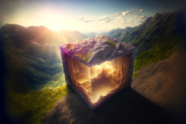 Mysterious glass cube on the natural landscape Shiny mystic geometric object on abstract background Generated AI