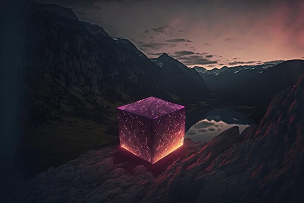 Mysterious glass cube on the natural landscape Shiny mystic geometric object on abstract background Generated AI