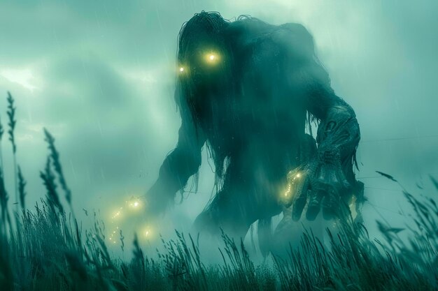 Mysterious Glowing Eyed Creature Looming in Misty Landscape Fantasy Monster in Ethereal Foggy Field