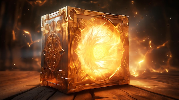 Photo a mysterious golden treasure box with glow shining in gold