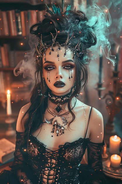 Таинственная готическая женщина с темным макияжем и викторианским нарядом позирует со свечами в антиквариате