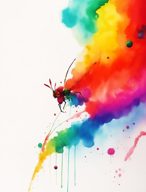 mysterious grasshopper paradise red button ginger rainbow cloud paint on paper HD watercolor image