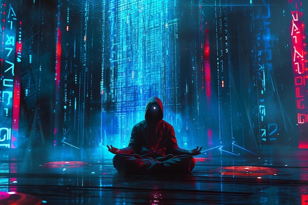 a mysterious hacker in a dark hoodie sitting in a lotus position
