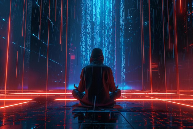 a mysterious hacker in a dark hoodie sitting in a lotus position