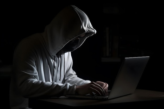 Mysterious hacker wearing a hoodie is typing on a laptop generative ai