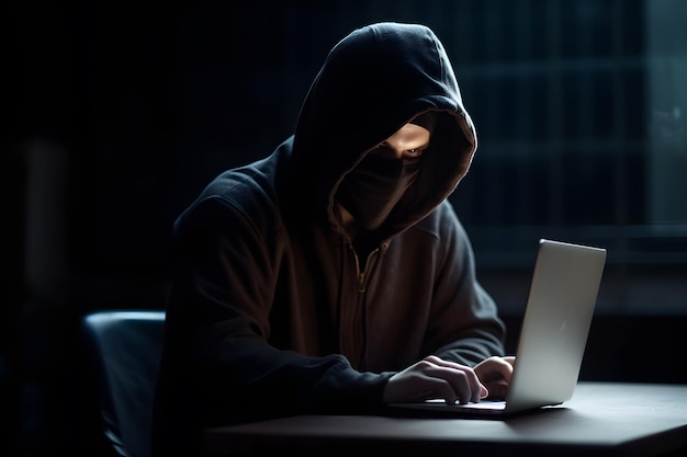 Mysterious hacker wearing a hoodie is typing on a laptop generative ai