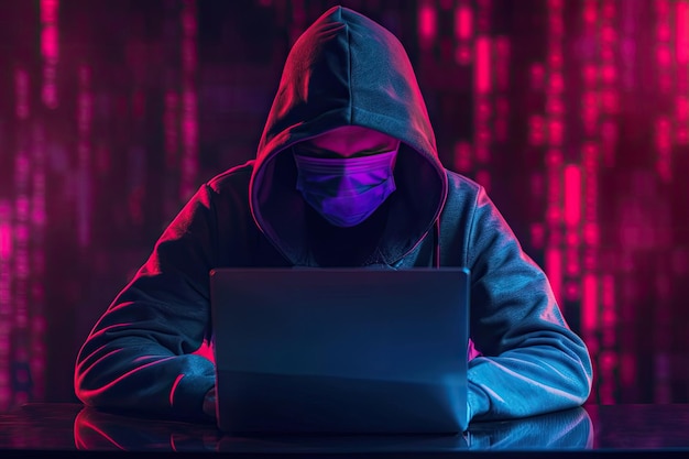 A mysterious hacker wearing a mask and hoodie working on a laptop with digital code in the background