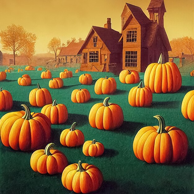 Mysterious Halloween design background with pumpkins Jack O' Lanterns 3D illustration