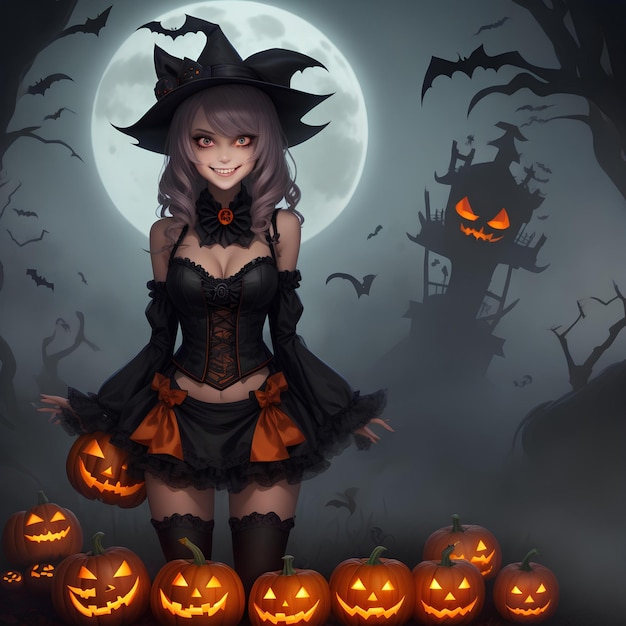 A mysterious Halloween girl with a mischievous grin surrounded by glowing jackolanterns and eeri