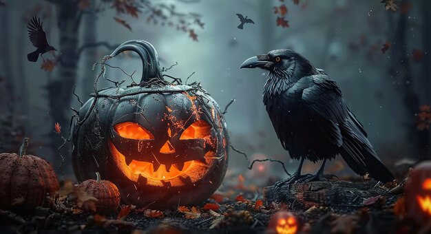 Photo mysterious halloween scene with a glowing jackolantern and a raven in a spooky forest