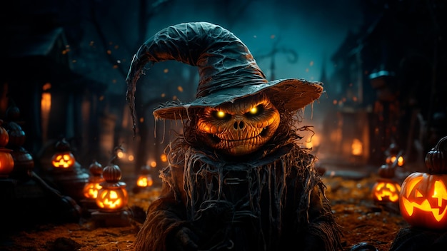 Mysterious Halloween setting monster scarecrow pumpkin on street Generative AI