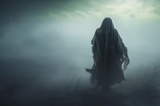 Mysterious Hooded Figure Walking through Mist Generative AI