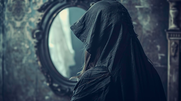 Una donna misteriosa con il cappuccio davanti a uno specchio magico