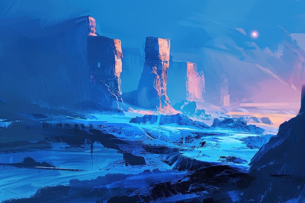 Mysterious icy moon landscape with glowing blue rocks and distant setting sun