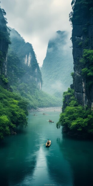 Photo mysterious karst scenery boats floating in confucian style