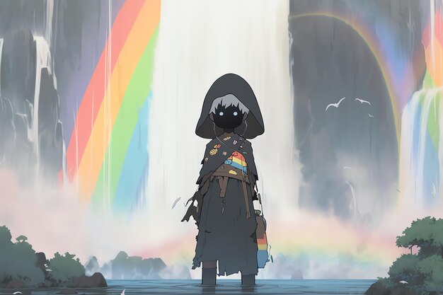 Mysterious kid in the rainbow waterfall