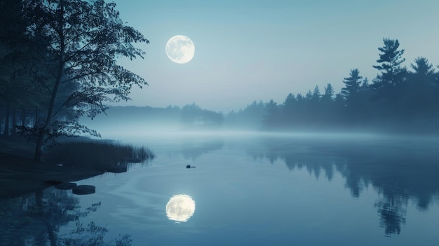 Photo a mysterious lake its calm surface reflecting the glowing moon and creating an ethereal atmosphere