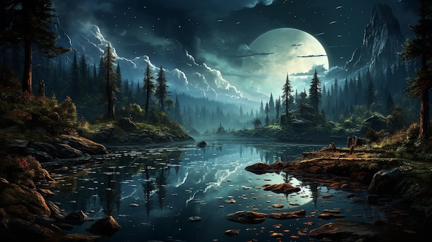 Photo mysterious lake in moonlit