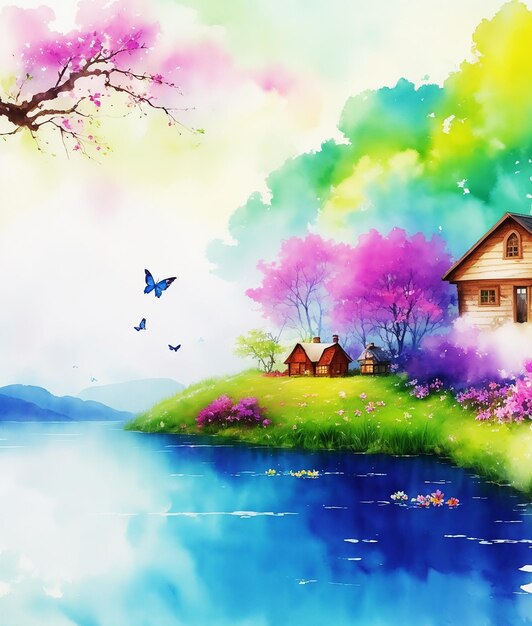 mysterious lake side cottage butterfly flowers fluffy cloud painting on paper HD watercolor image