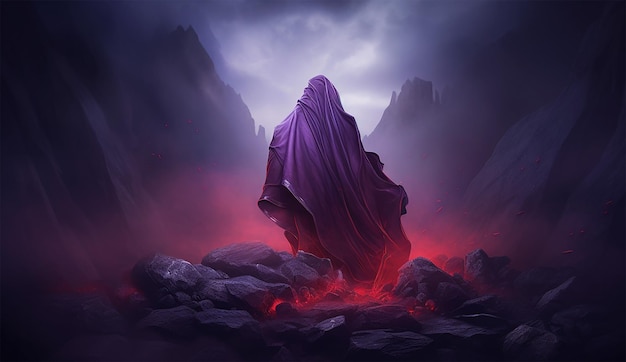 Mysterious landscape with a man in a purple cloak Ai generated