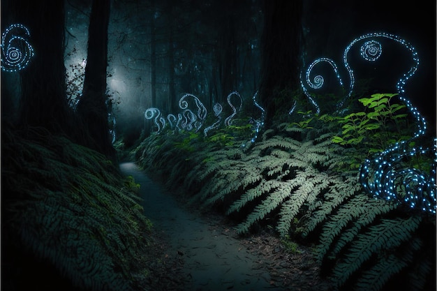 Mysterious lights on huge ferns growing along fairy tale path at night created with generative ai