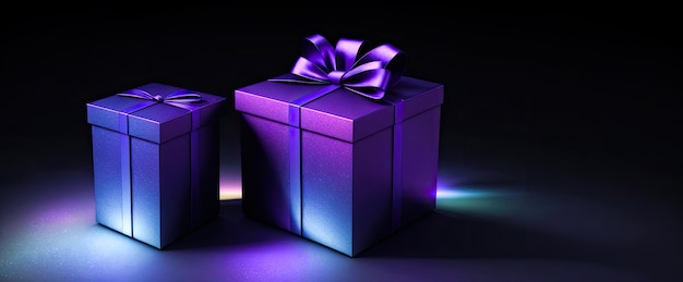 Mysterious magical two gift box on black baclground Wonderful fabulous gifts on dark background copy space 3D rendering