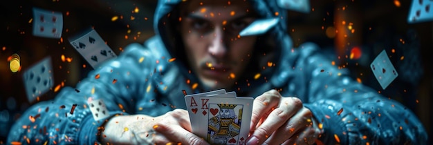 Foto misterioso mago che esegue un intenso trucco con le carte nell'illuminazione di moody