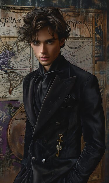 Photo mysterious male model in a tailored black suit with a velvet high fashion forward boutique style