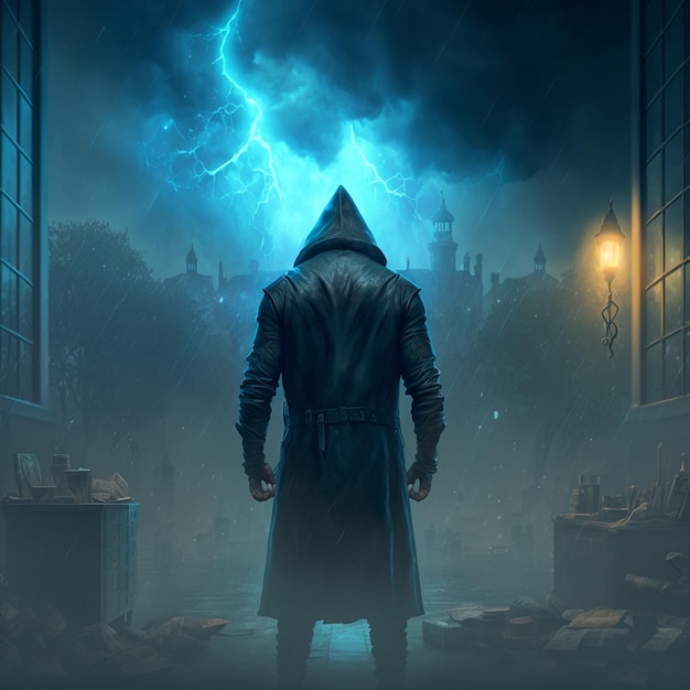 雷の背景に黒いレインコートを着た謎の男