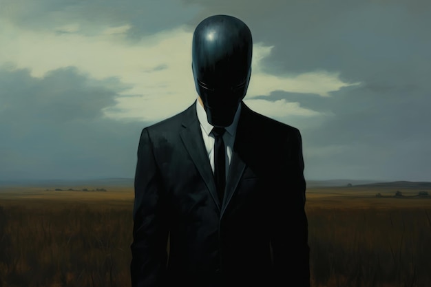 Photo the mysterious man a man in a black suit with a head ar 32